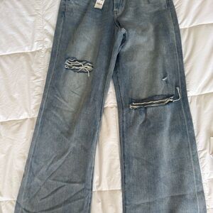 Express Light Blue Distressed Straight Leg Jeans